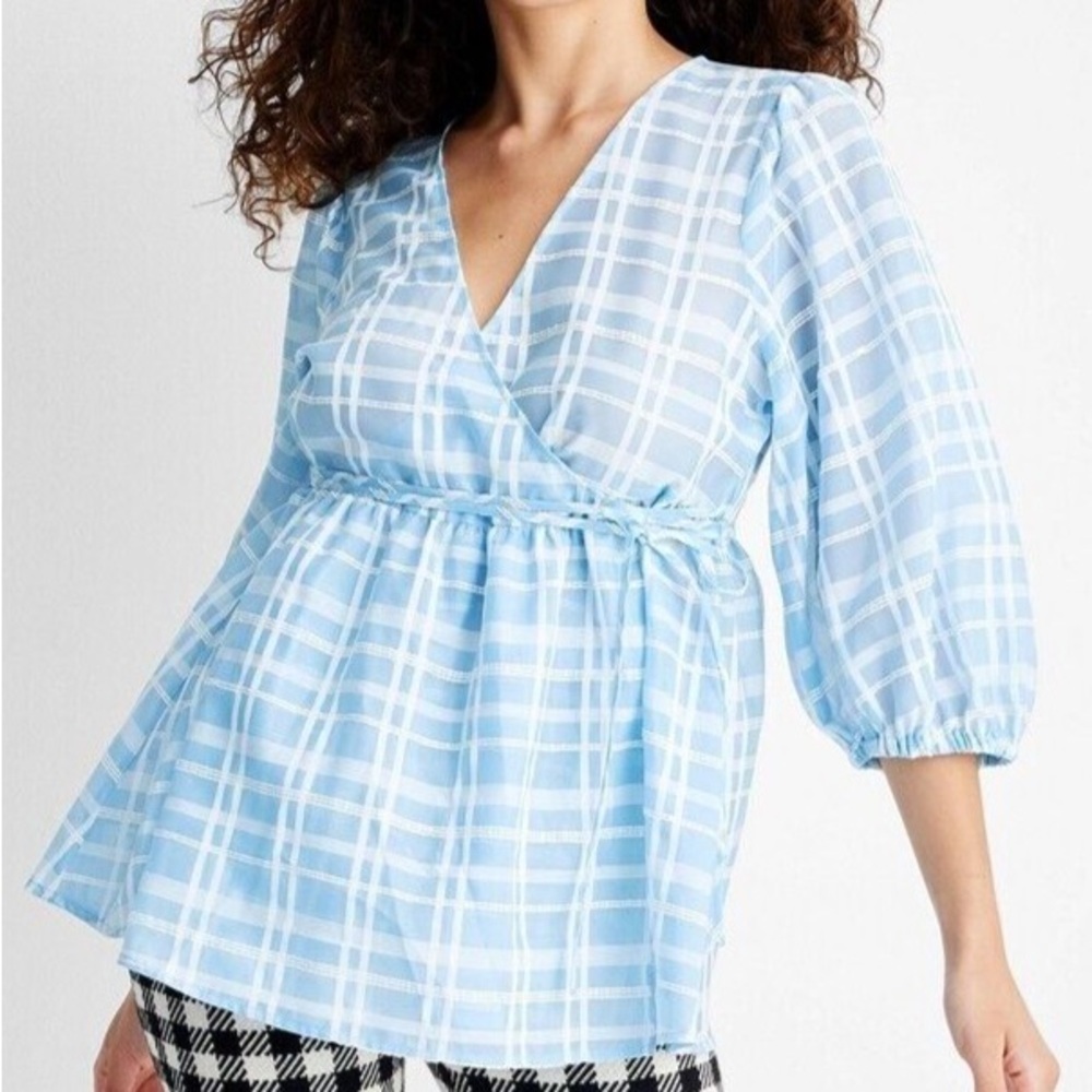 FUTURE COLLECTIVE Window-pane Baby Blue wrap top Size XXS NWT